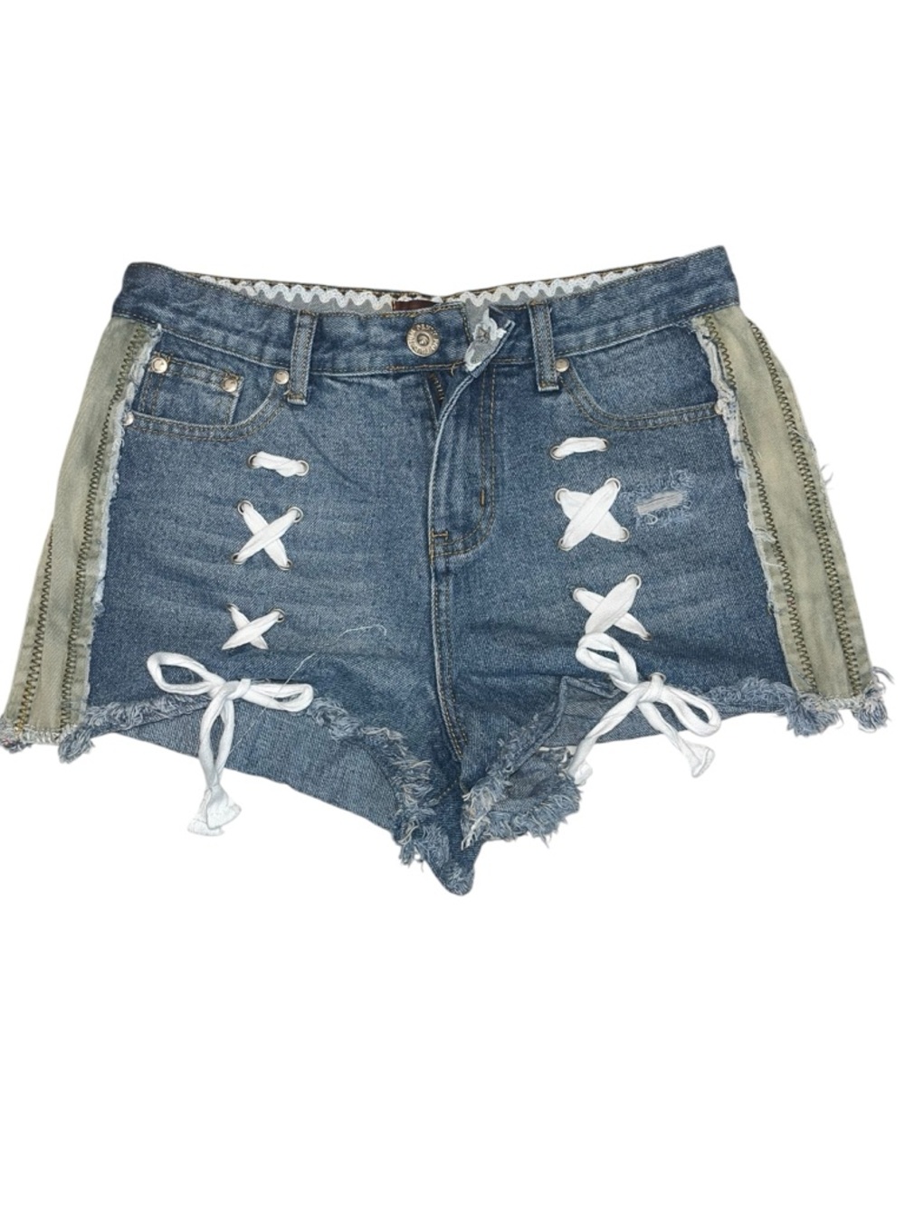 POL Denim Lace-Up Distressed Jean Shorts Size M Y2K Festival Boho - Picture 2 of 8